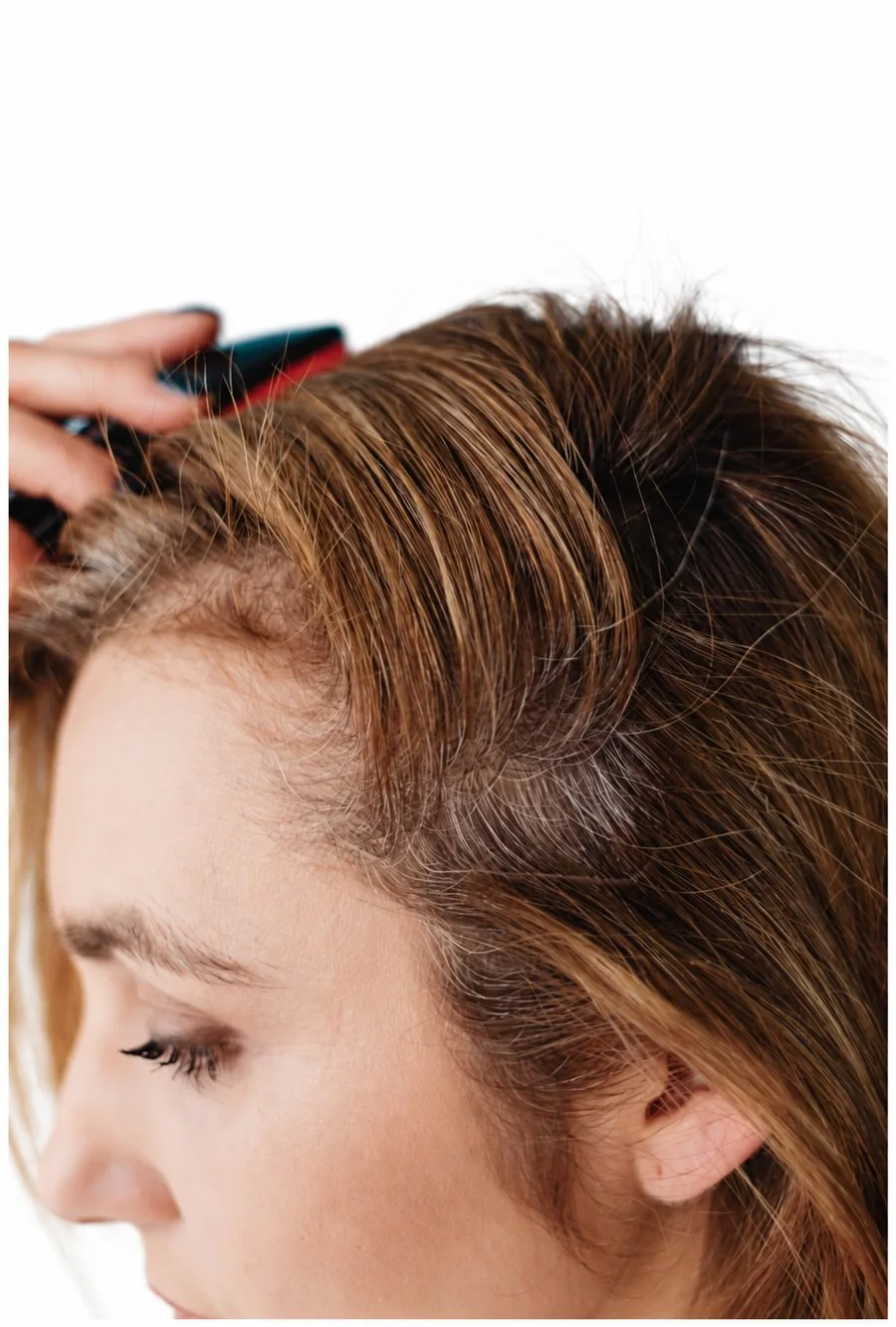Close-up of a woman parting her hair to show thinning at the part line